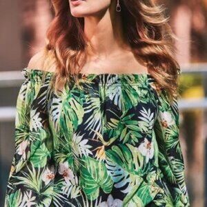 White House Black Market Off Shoulder Green Tropical Print Blouse Size S